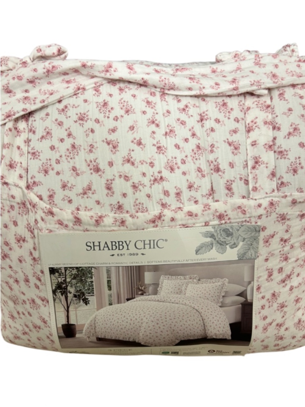 Shabby Chic Floral Pink and White Cotton Gauze Queen Comforter Set 90”x90”